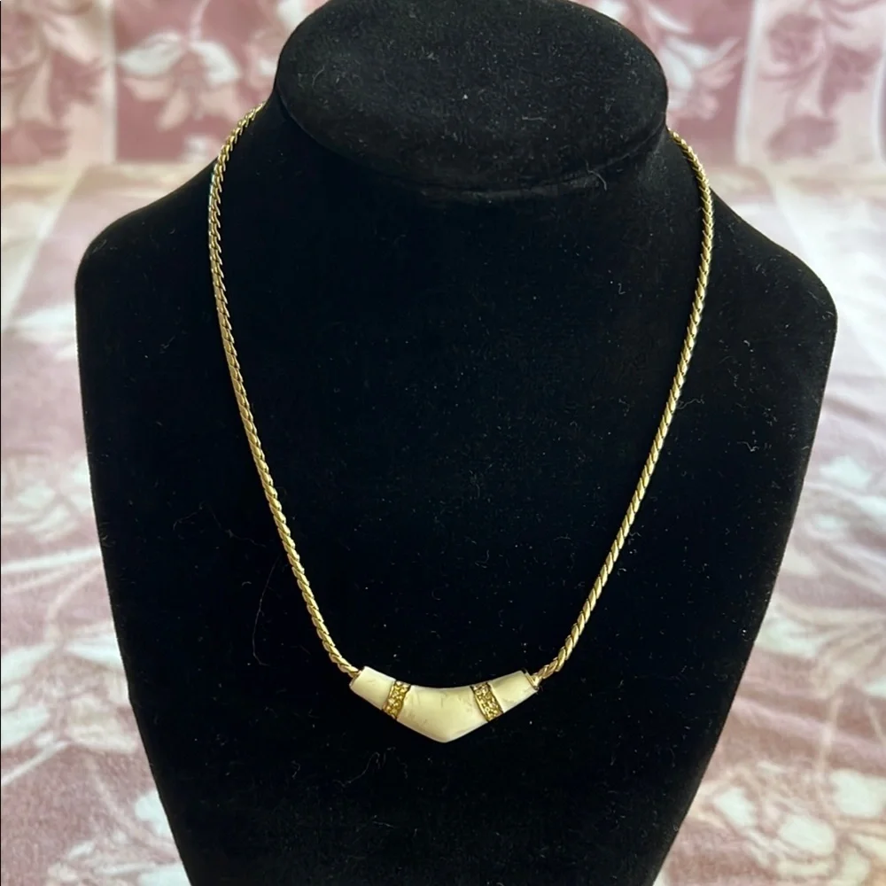 Vintage Gold Rope Chain Necklace with Ivory Enamel & Rhinestone Accents